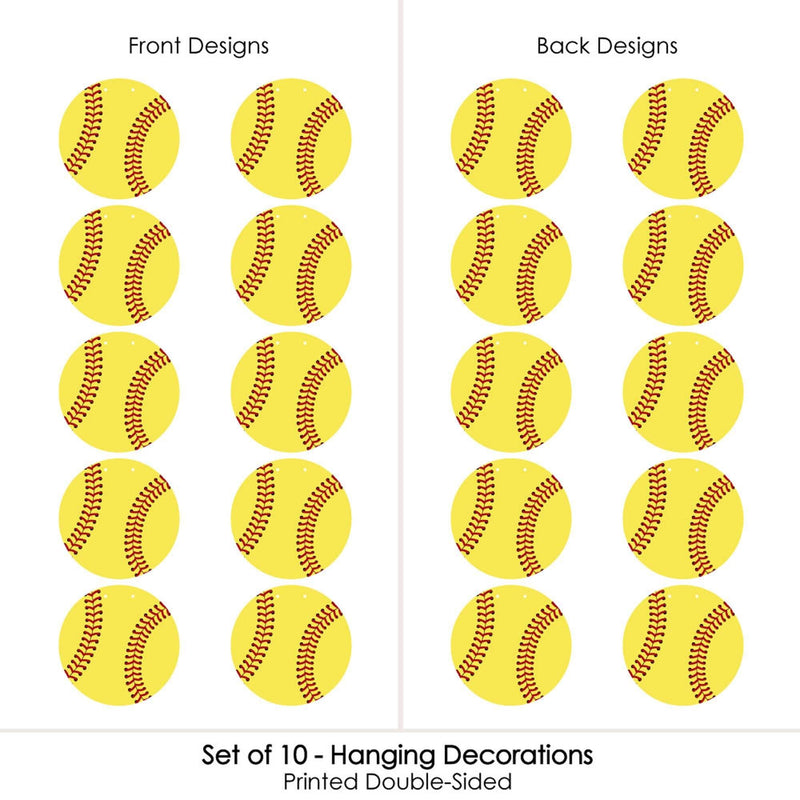 Hanging Grand Slam - Fastpitch Softball - Outdoor Baby Shower or Birthday Party Hanging Porch & Tree Yard Decorations - 10 Pieces