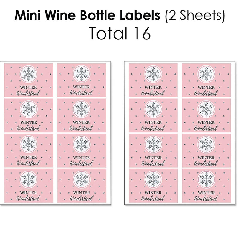 Pink Winter Wonderland - Mini Wine Bottle Labels, Wine Bottle Labels and Water Bottle Labels - Holiday Snowflake Birthday Party and Baby Shower Decorations - Beverage Bar Kit - 34 Pieces