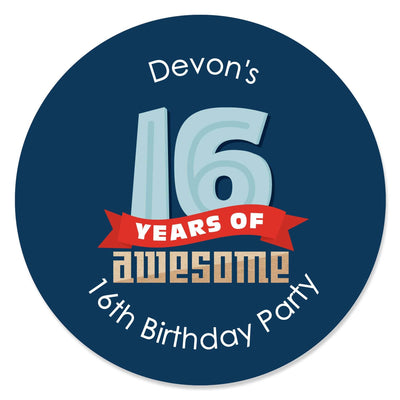 Boy 16th Birthday - Personalized Sweet Sixteen Birthday Party Circle Sticker Labels - 24 Count