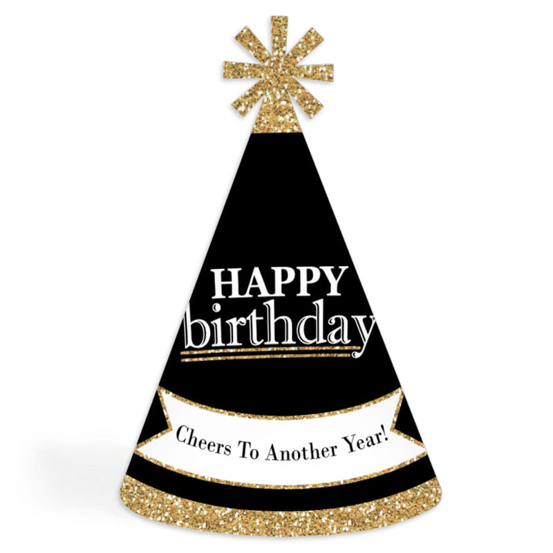 Adult Happy Birthday - Gold - Cone Birthday Party Hats for Kids and Adults - Set of 8 (Standard Size)