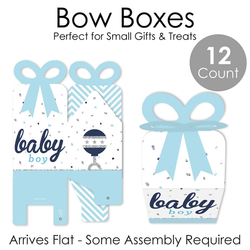 Hello Little One - Blue and Silver - Square Favor Gift Boxes - Boy Baby Shower Bow Boxes - Set of 12