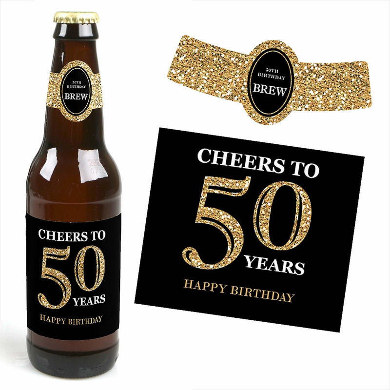 Adult 50th Birthday - Gold - Decorations for Women and Men - 6 Beer Bottle Labels and 1 Carrier - Birthday Gift