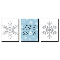 Winter Wonderland - Let It Snow Holiday Wall Art and Blue Snowflake Decor - 7.5 x 10 inches - Set of 3 Prints