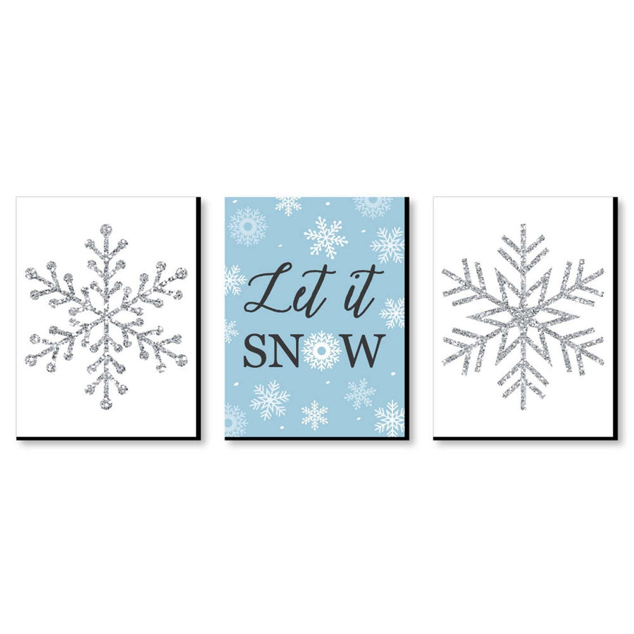 Winter Wonderland - Let It Snow Holiday Wall Art and Blue Snowflake Decor - 7.5 x 10 inches - Set of 3 Prints