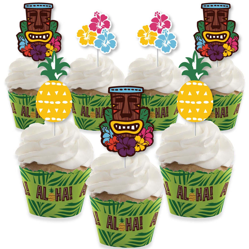 Tiki Luau - Cupcake Decoration - Tropical Hawaiian Summer Party Cupcake Wrappers and Treat Picks Kit - Set of 24