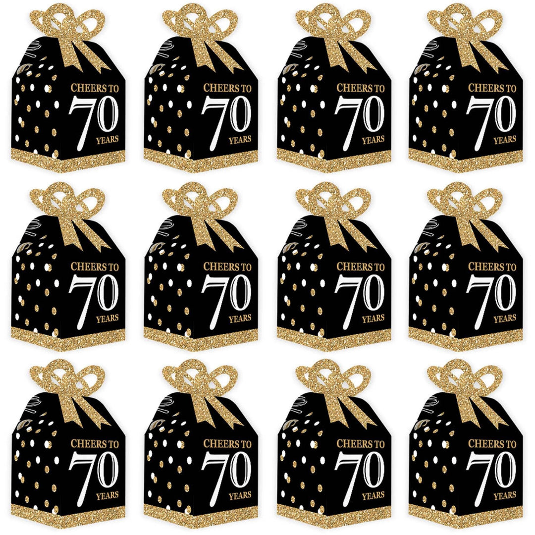 Adult 70th Birthday - Gold - Square Favor Gift Boxes - Birthday Party Bow Boxes - Set of 12