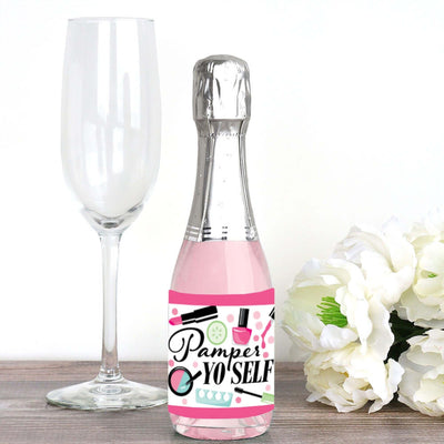 Spa Day - Mini Wine and Champagne Bottle Label Stickers - Girls Makeup Party Favor Gift for Women and Men - Set of 16