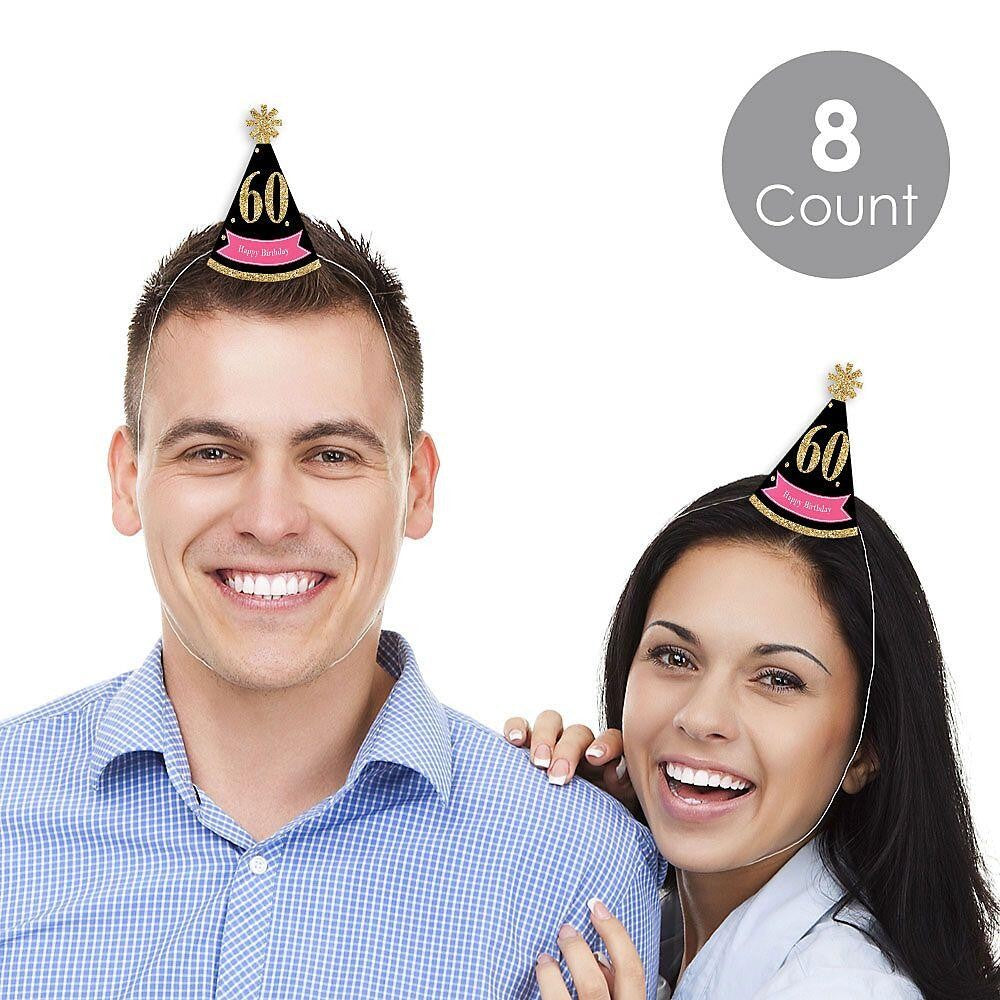 Chic 60th Birthday - Pink, Black and Gold - Mini Cone Birthday Party Hats - Small Little Party Hats - Set of 8