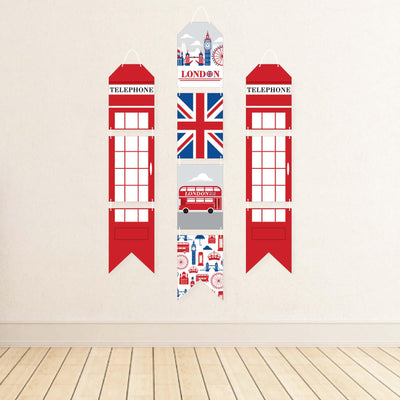 Cheerio, London - Hanging Vertical Paper Door Banners - British UK Party Wall Decoration Kit - Indoor Door Decor