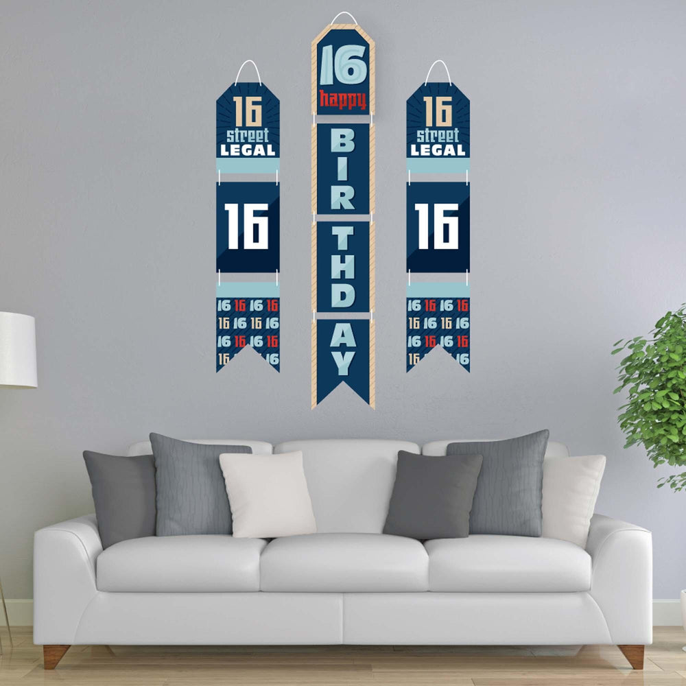 Boy 16th Birthday - Hanging Vertical Paper Door Banners - Sweet Sixteen Birthday Party Wall Decoration Kit - Indoor Door Decor