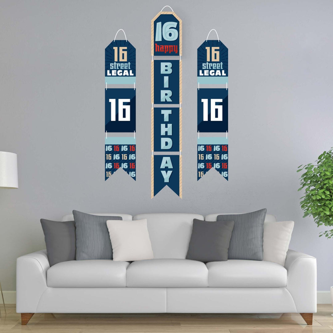 Boy 16th Birthday - Hanging Vertical Paper Door Banners - Sweet Sixteen Birthday Party Wall Decoration Kit - Indoor Door Decor