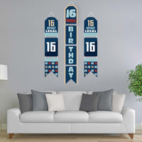 Boy 16th Birthday - Hanging Vertical Paper Door Banners - Sweet Sixteen Birthday Party Wall Decoration Kit - Indoor Door Decor