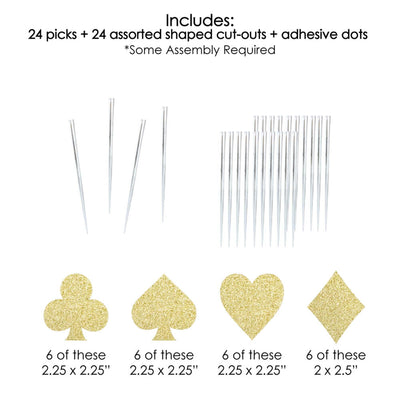 Gold Glitter Card Suits - No-Mess Real Gold Glitter Dessert Cupcake Toppers - Las Vegas and Casino Party Clear Treat Picks - Set of 24