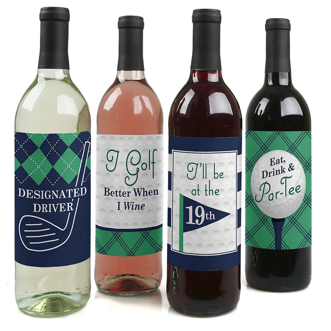 Four wine bottle labels with various golf-themed phrases and designs, including 'Designated Driver', 'I Golf Better When I Wine', 'I'll Be at the 19th', and 'Eat, Drink & Par-Tee'.