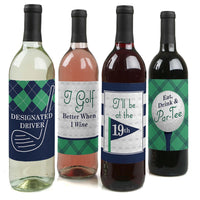 Four wine bottle labels with various golf-themed phrases and designs, including 'Designated Driver', 'I Golf Better When I Wine', 'I'll Be at the 19th', and 'Eat, Drink & Par-Tee'.