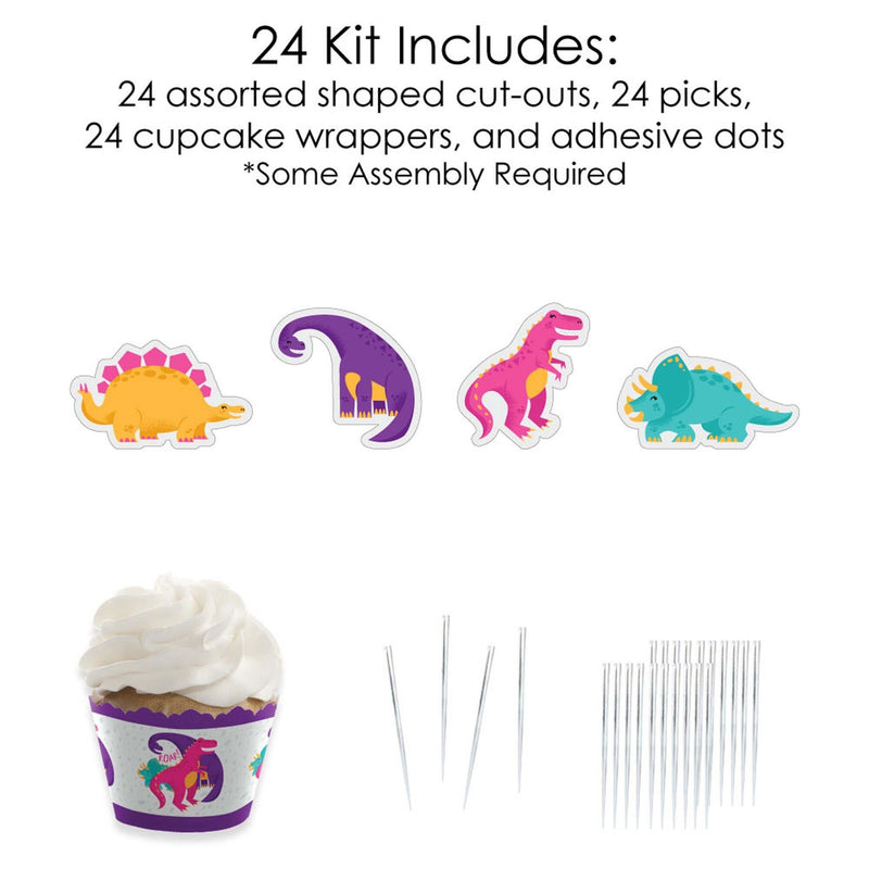 Roar Dinosaur Girl - Cupcake Decoration - Dino Mite Trex Baby Shower or Birthday Party Cupcake Wrappers and Treat Picks Kit - Set of 24