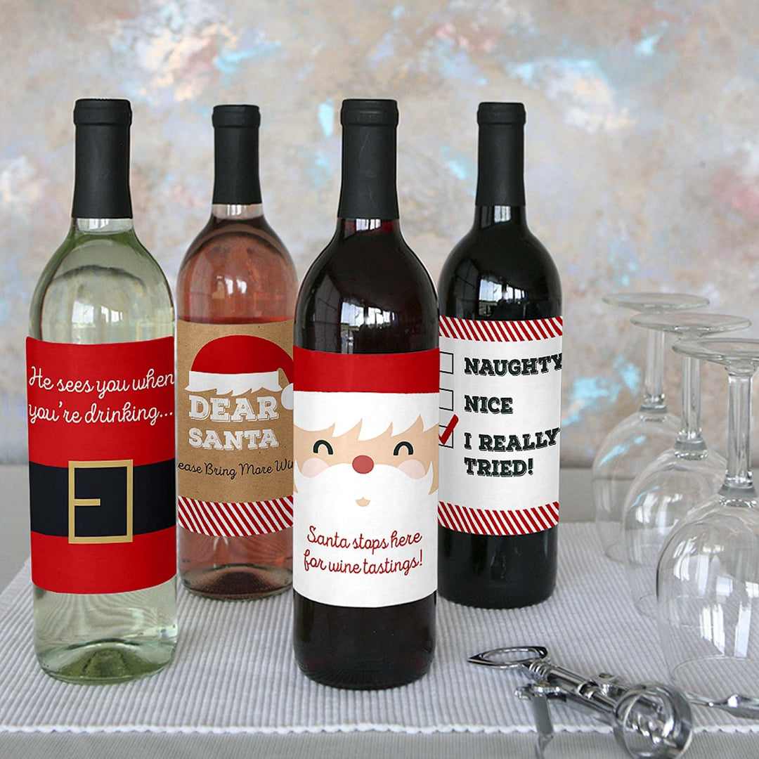 Funny Jolly Santa Claus - Christmas Decorations for Women and Men - Wine Bottle Label Stickers - Set of 4