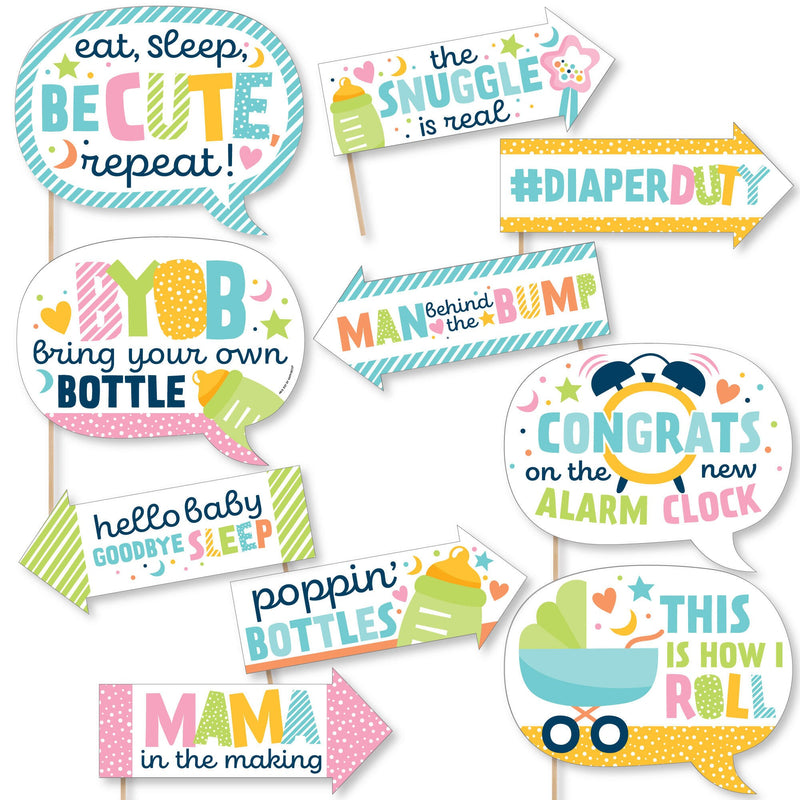 Funny Colorful Baby Shower - Gender Neutral Party Photo Booth Props Kit - 10 Piece