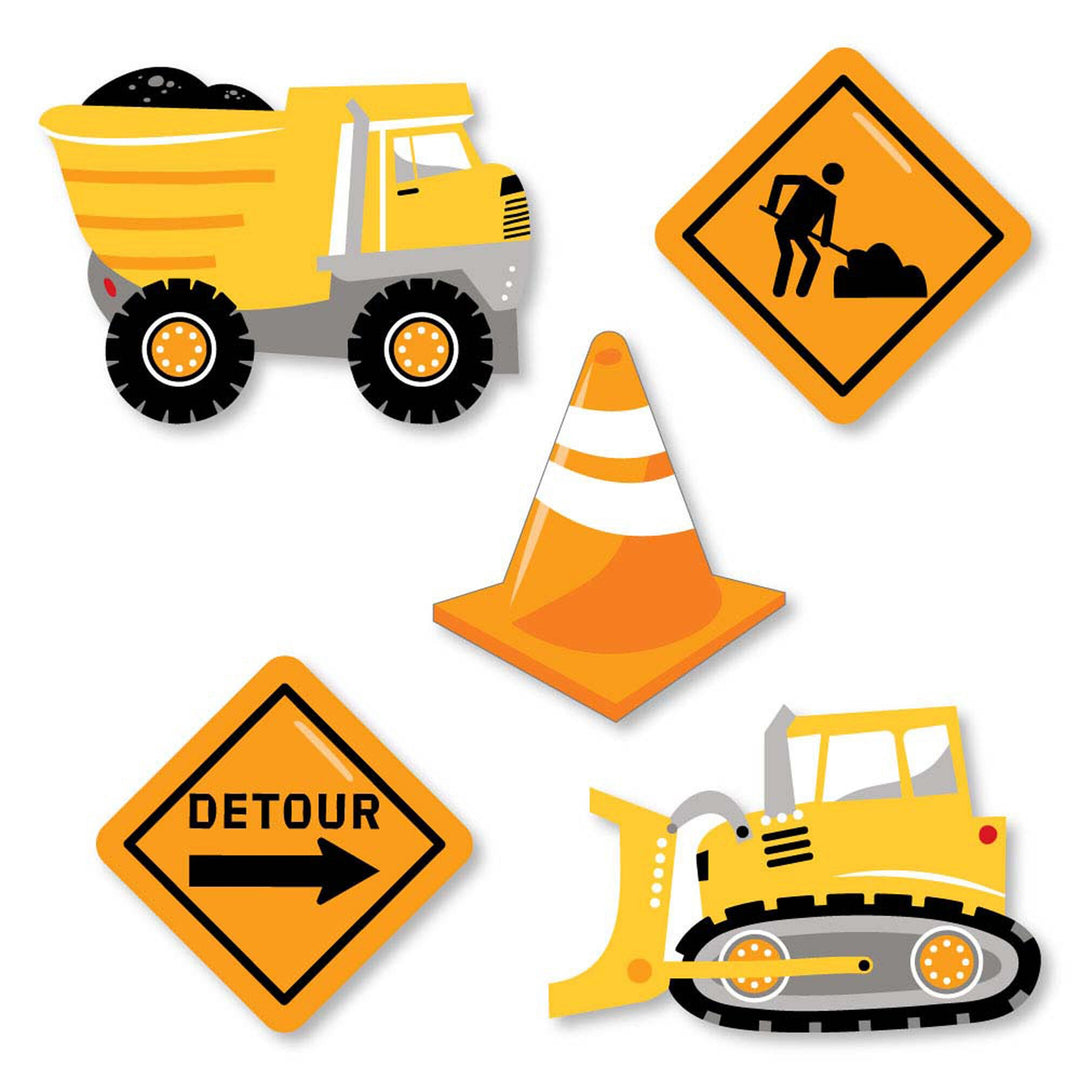 A set of construction-themed paper cut-outs including shapes of a dump truck, cone, bulldozer, and road signs with text such as 'Detour'.