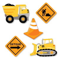 A set of construction-themed paper cut-outs including shapes of a dump truck, cone, bulldozer, and road signs with text such as 'Detour'.
