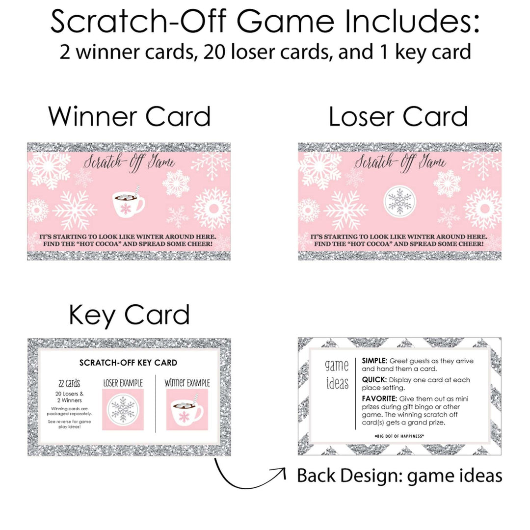 Pink Winter Wonderland - Holiday Snowflake Birthday Party and Baby Shower Game Scratch Off Cards - 22 Count