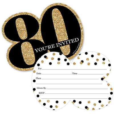 Adult 80th Birthday - Gold - Shaped Fill-In Invitations - Birthday Party Invitation Cards with Envelopes - Set of 12