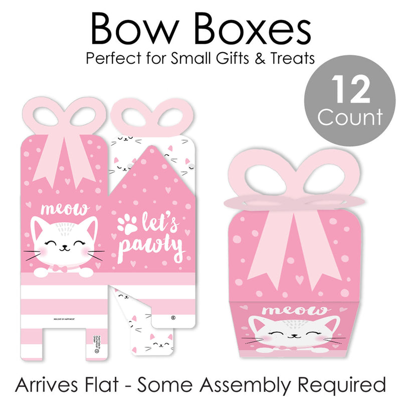 Purr-fect Kitty Cat - Square Favor Gift Boxes - Kitten Meow Baby Shower or Birthday Party Bow Boxes - Set of 12