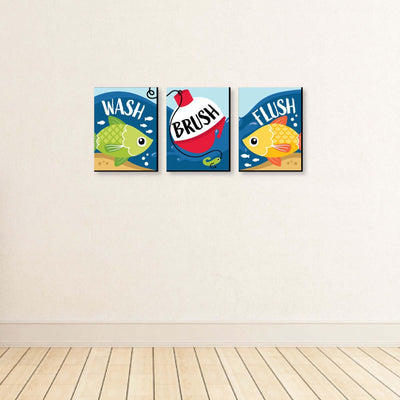Let's Go Fishing - Kids Bathroom Rules Wall Art - 7.5 x 10 inches - Set of 3 Signs - Wash, Brush, Flush