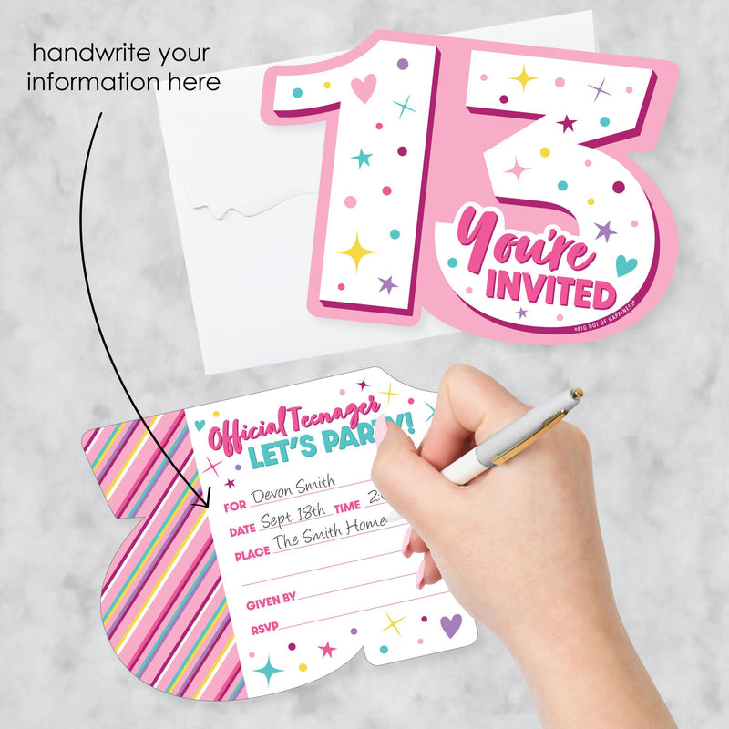 Girl 13th Birthday - Shaped Fill-In Invitations - Official Teenager Birthday Party Invitation Cards with Envelopes - Set of 12