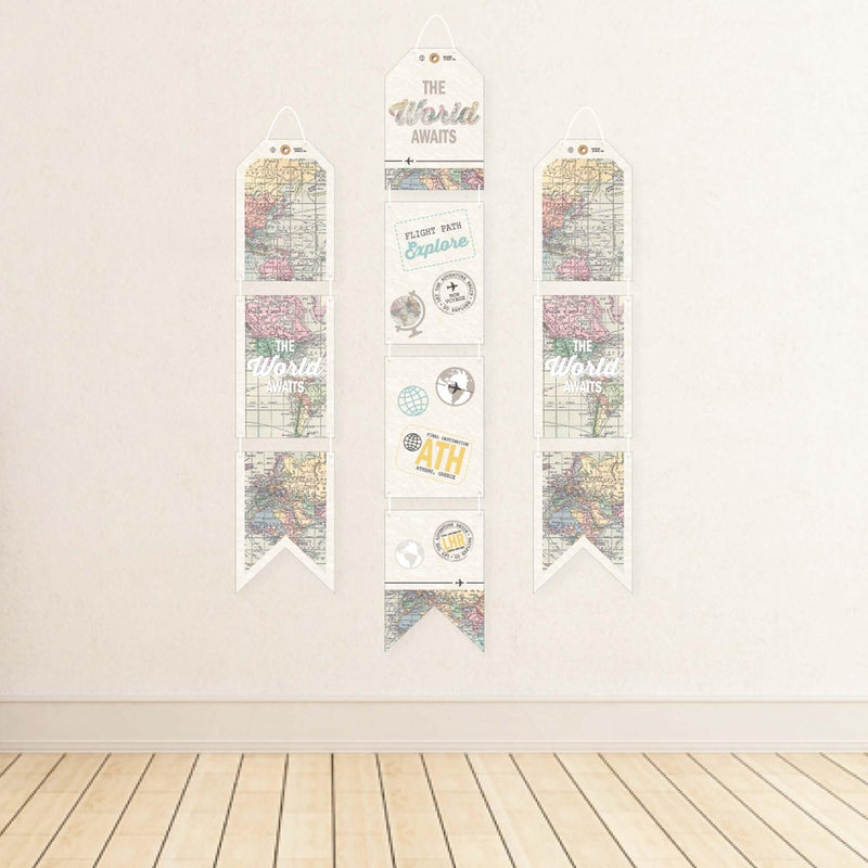 World Awaits - Hanging Vertical Paper Door Banners - Travel Themed Party Wall Decoration Kit - Indoor Door Decor