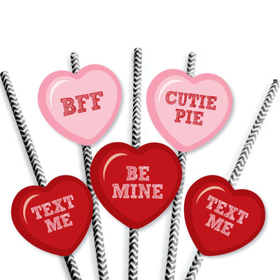 Conversation Hearts - Paper Straw Decor - Valentine's Day Party Striped Decorative Straws - Set of 24