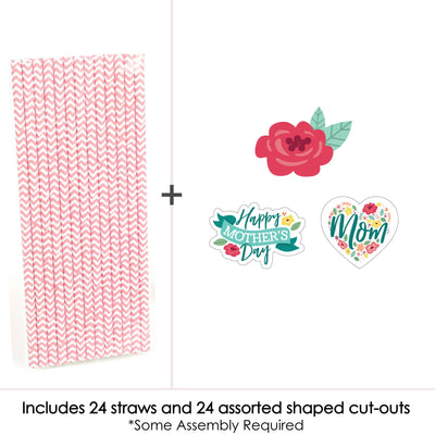 Colorful Floral Happy Mother's Day - Paper Straw Decor - We Love Mom Party Striped Decorative Straws - Set of 24