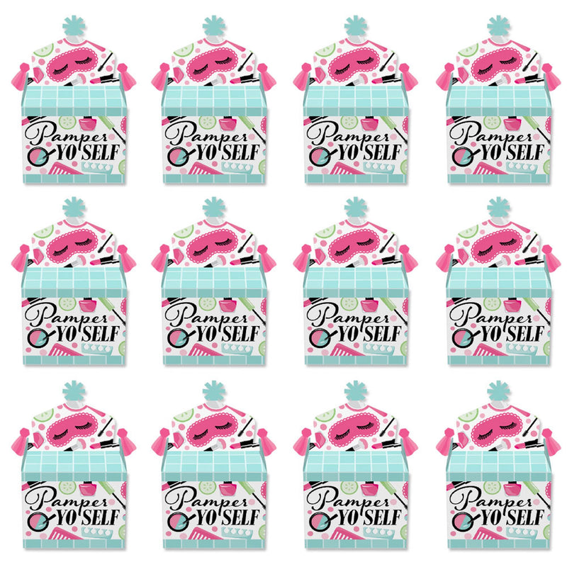 Spa Day - Treat Box Party Favors - Girls Makeup Party Goodie Gable Boxes - Set of 12