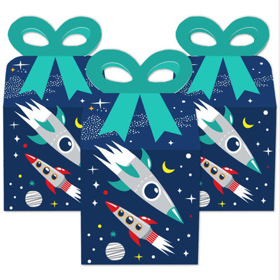 Blast Off to Outer Space - Square Favor Gift Boxes - Rocket Ship Baby Shower or Birthday Party Bow Boxes - Set of 12