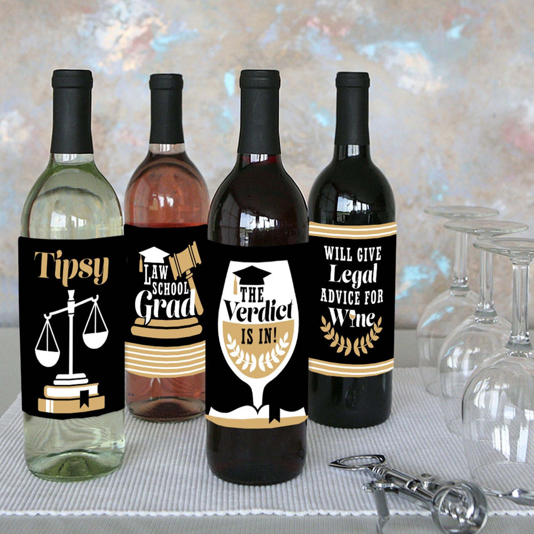Law School Grad - Future Lawyer Graduation Party Decorations for Women and Men - Wine Bottle Label Stickers - Set of 4