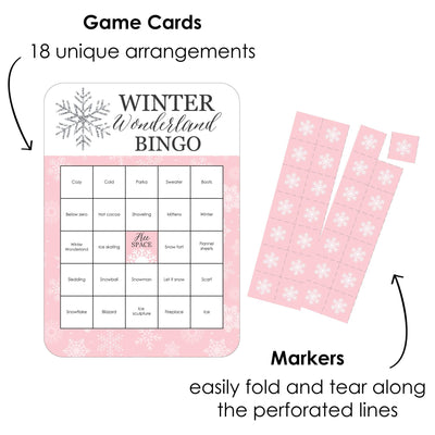 Pink Winter Wonderland - Bingo Cards and Markers - Holiday Snowflake Birthday Party and Baby Shower Bingo Game - Set of 18