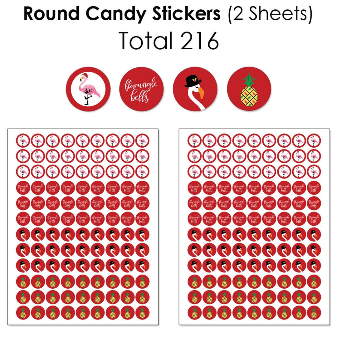 Flamingle Bells - Mini Candy Bar Wrappers, Round Candy Stickers and Circle Stickers - Tropical Christmas Party Candy Favor Sticker Kit - 304 Pieces
