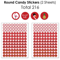 Flamingle Bells - Mini Candy Bar Wrappers, Round Candy Stickers and Circle Stickers - Tropical Christmas Party Candy Favor Sticker Kit - 304 Pieces