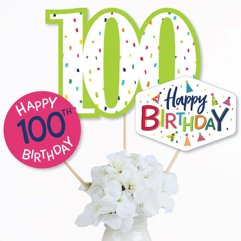 100th Birthday - Cheerful Happy Birthday - Colorful One Hundredth Birthday Party Centerpiece Sticks - Table Toppers - Set of 15