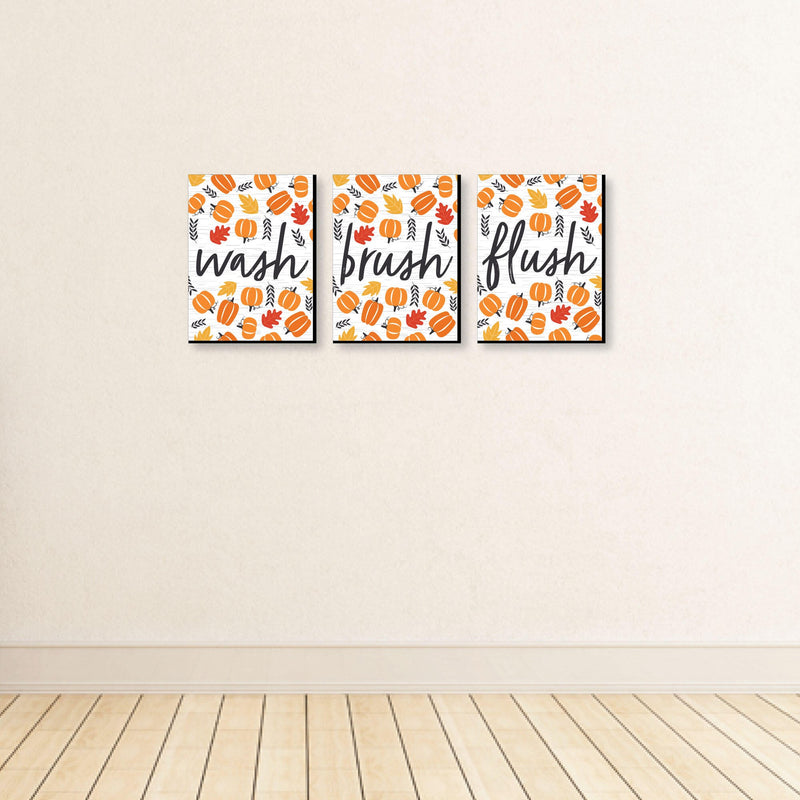 Fall Pumpkin - Halloween or Thanksgiving Kids Bathroom Rules Wall Art - 7.5 x 10 inches - Set of 3 Signs - Wash, Brush, Flush