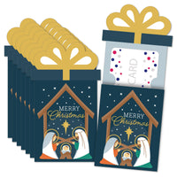A set of eight Christmas-themed gift card holders featuring a nativity scene design, with a space to write a personal message and include a gift card or money.