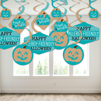 Teal Pumpkin - Halloween Allergy Friendly Trick or Trinket Hanging Decor - Party Decoration Swirls - Set of 40