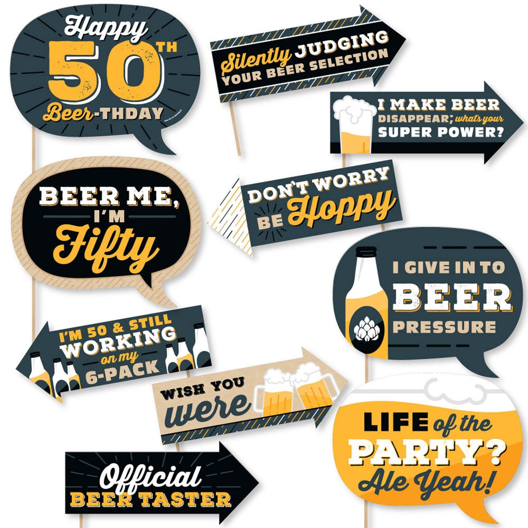 Funny Cheers and Beers to 50 Years - 50th Birthday Party Photo Booth Props Kit - 10 Piece