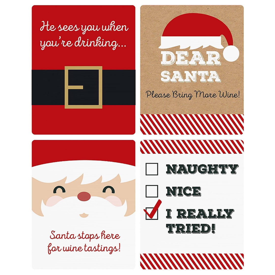 Funny Jolly Santa Claus - Christmas Decorations for Women and Men - Wine Bottle Label Stickers - Set of 4