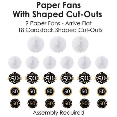 Adult 50th Birthday - Gold - Hanging Birthday Party Tissue Decoration Kit - Paper Fans - Set of 9