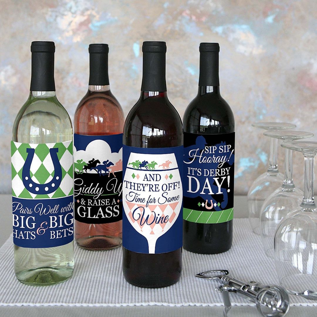 Kentucky Horse Derby - Horse Race Party Decorations for Women and Men - Wine Bottle Label Stickers - Set of 4