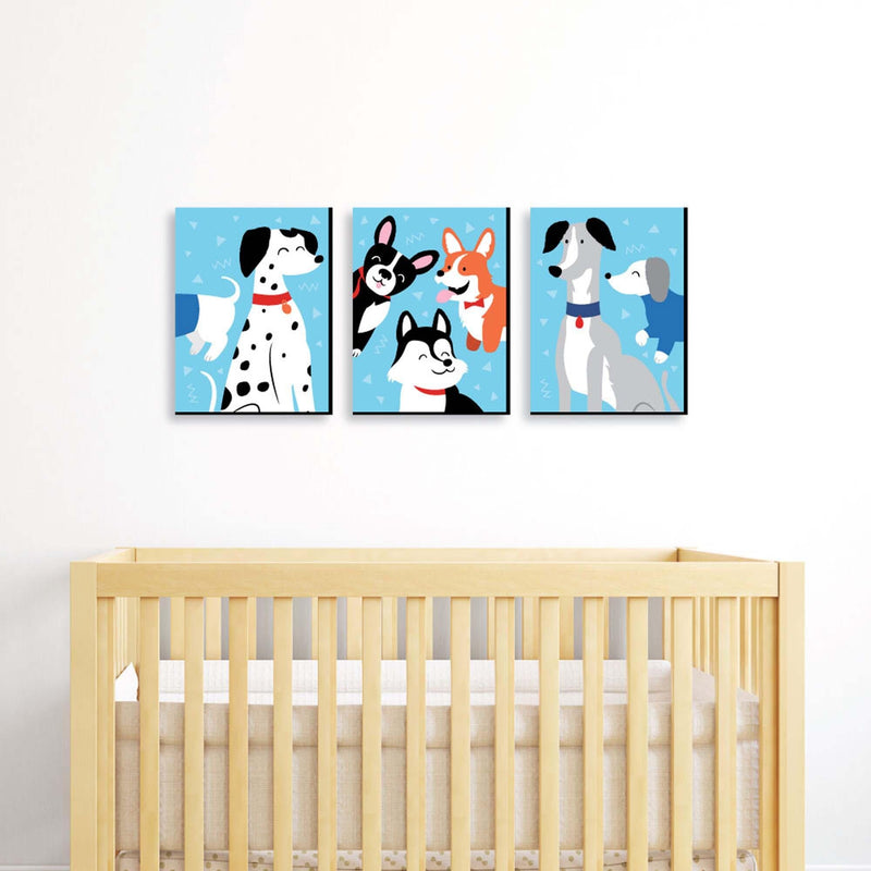 Pawty Like a Puppy - Boy Dog Nursery Wall Art and Kids Room Decor - 7.5 x 10 inches - Set of 3 Prints