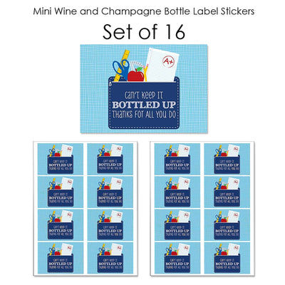Funny Colorful - Mini Wine and Champagne Bottle Label Stickers - First and Last Day of School Teacher Appreciation Favor Christmas Gift - For Women and Men - Set of 16