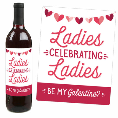 Happy Galentine's Day - Valentine's Day Party Decorations for Women and Men - Wine Bottle Label Stickers - Set of 4