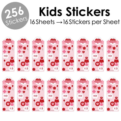 Conversation Hearts - Valentine's Day Party Favor Kids Stickers - 16 Sheets - 256 Stickers
